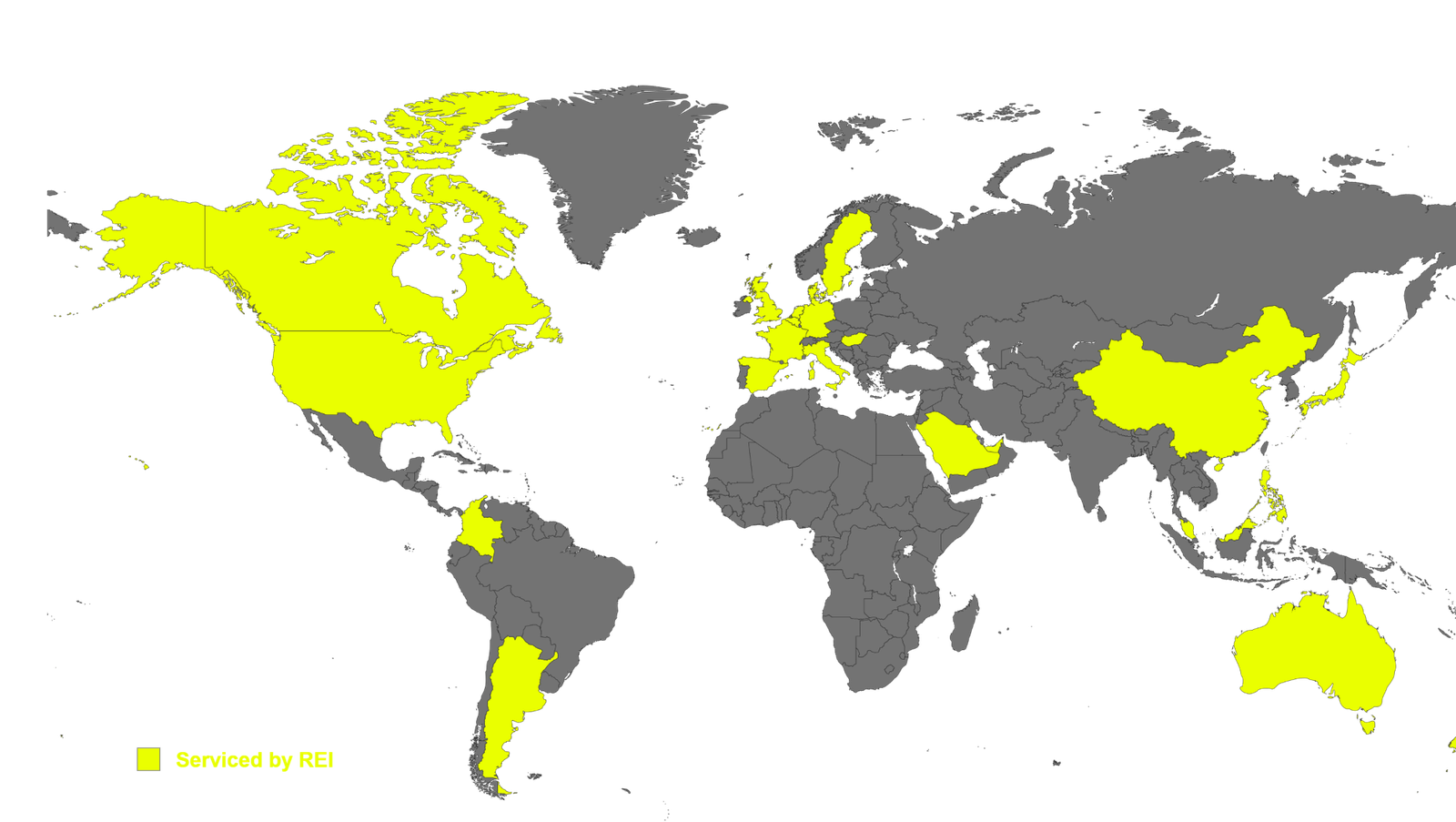 World map showing REI service areas